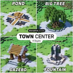 four different views of the town center in minecraft