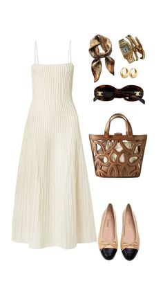 a white dress and accessories are arranged on a white background, including shoes, sunglasses, purse