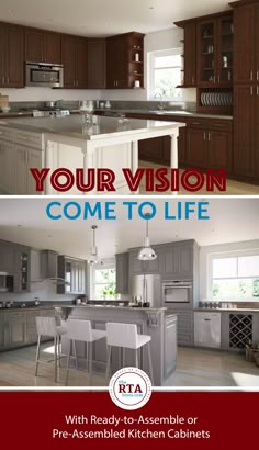 two pictures with the words your vision come to life and an image of a kitchen