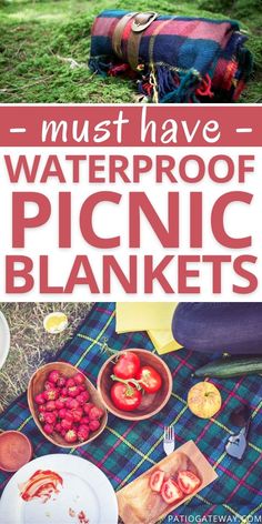 picnic blankets and food on the ground with text overlay that reads must have waterproof picnic blankets