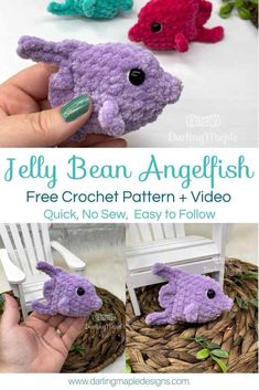 the jelly bean angelfish crochet pattern is shown in three different colors and sizes