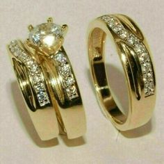 two gold wedding rings with diamonds on each one and an engagement ring in the other