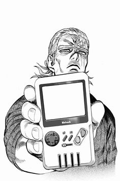 a drawing of a man holding an old nintendo gameboy