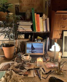 a laptop computer sitting on top of a desk covered in books and other items next to a potted plant