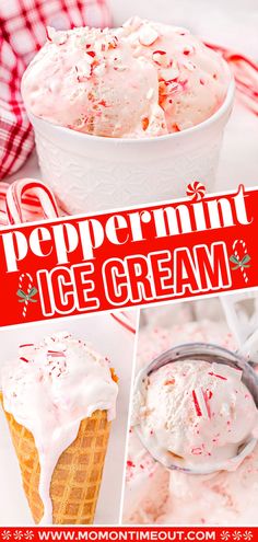 a collage of pictures with ice cream and peppermint toppings on them