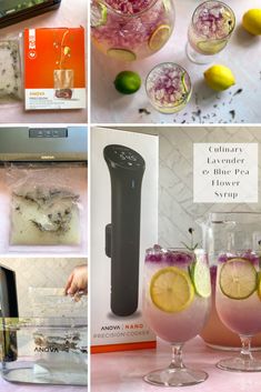 a collage with images con how to make lavender syrup on a sous vide Flower Syrup, Lavender Food, Blue Pea Flower, Homemade Syrups, Vacuum Sealing Food, Sauces Recipes