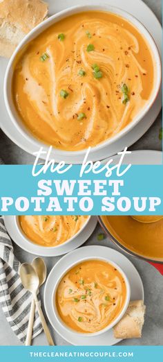 the best sweet potato soup is in two bowls with spoons and bread on the side