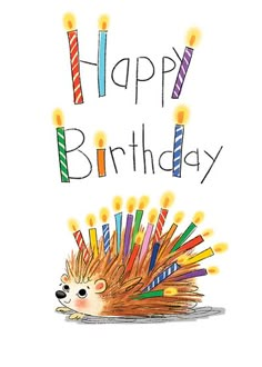 a hedgehog with birthday candles on it's head and the words happy birthday written in