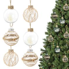 three ornaments hanging from the top of a christmas tree next to a decorated christmas tree