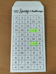 a white paper with green numbers on it and the word savings challenge written in black