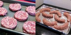 some sausages and hamburger patties are on a baking sheet before and after being cooked