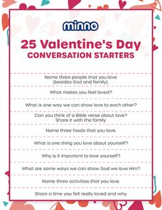 valentine's day conversation game with the words 25 valentine's day conversations written on it