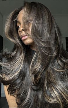 Brazilian Blowout Highlights, Soft Blonde Highlights On Black Hair, Dark Brown Hair With Blonde Highlights Black Woman, Chocolate Brown Hair Blonde Highlights, Full Highlights For Dark Hair Black, Mocha Balayage Hair, Dark Brown Subtle Highlights, Ashy Balayage On Black Hair