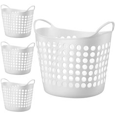 three white laundry baskets with holes on the side and one in the middle, sitting next to each other