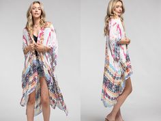 Beautiful tie dye with intricate ethnic motif border kimono with side slits*100% Viscose*APPROX. L 37" W 39" *Imported Beach Cardigan, Beach Kimono, Sunglass Chain, Long Kimono, Floral Kimono, Kimono Cardigan, Color Calibration, Light Photography, Tie Dye