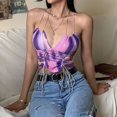 Summer Sexy Low Cut Graphics Tees Tassel Crop Tops Women Camisole Casual Club Street Wear Tank Top Sweet Vest Female Kristina Webb, Outfits Female, Womens Camisoles, Spring Tops, Club Outfits, Britney Spears, Look Fashion, Low Cut, Aesthetic Clothes