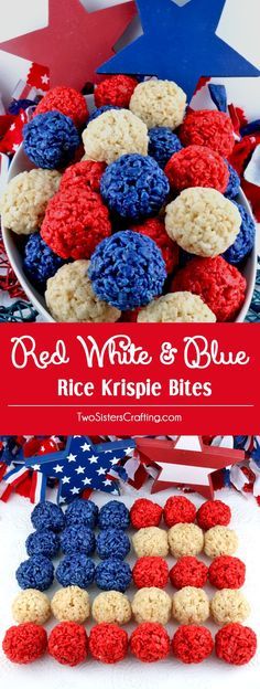 red, white and blue rice krispie bites in a bowl with an american flag decoration