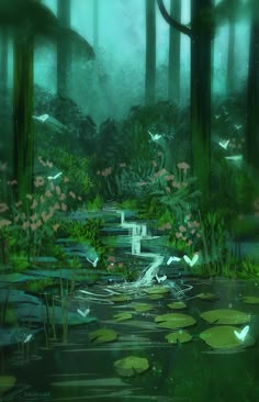 a painting of a swampy area with water lilies