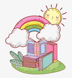 an open book sitting on top of a lush green field next to a rainbow and clouds