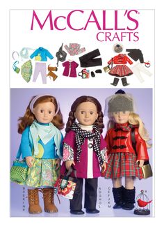 two dolls are standing next to each other in front of an advertisement for mccall's crafts