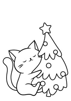 a black and white drawing of a cat sleeping next to a christmas tree with a star on top