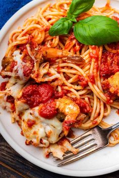 a white plate topped with pasta and meat covered in sauce, tomato sauce and basil