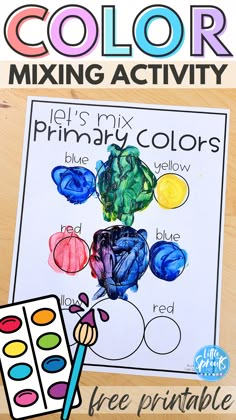 Color Mixing Activity, Primary Colors Experiment, prek free worksheet, preschool freebie, PreK Preschool Activities, Kindergarten Learning Color Theme Preschool Activities Art Projects, Artist Week Preschool, Primary Color Art Projects For Kids, Color Theme Preschool, Preschool Painting Activities, Colors Preschool Activities, School Readiness Activities Preschool, Three Year Old Room