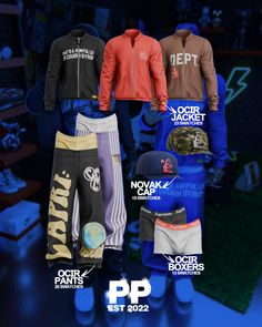 several different sports apparel displayed in front of a blue background with the words sport pants printed on it