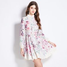 Summer Fall Floral Print Mock Neck Belt Long Sleeve Women Casual Party Dresses | eBay Spring Party Long Sleeve Midi Dress, Fitted Long Sleeve Spring Cocktail Dress, Pink Long Sleeve Dress For Summer Party, Spring A-line Long Sleeve Party Dress, Spring Party A-line Long Sleeve Dress, Long Sleeve Floral Print Winter Dress, Winter Floral Print Long Sleeve Dresses, Pink Stand Collar Dress For Spring, Pink Stand Collar Dresses For Spring