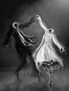 two people in black and white are dancing with their arms extended to each other,