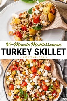 turkey skillet with vegetables and feta cheese on top, in a white bowl