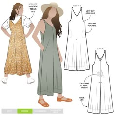 a woman's dress and top sewing pattern, with measurements for the front and back