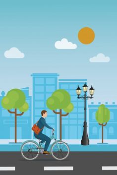 a man riding a bike down the street in front of a lamp post and tall buildings