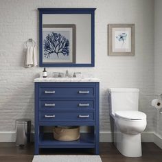 a white toilet sitting next to a blue vanity