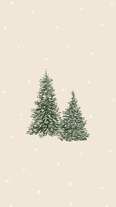 two pine trees in the snow on a light beige background with white dots and small stars