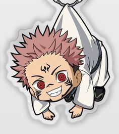 a sticker with an anime character hanging from it's back and eyes open