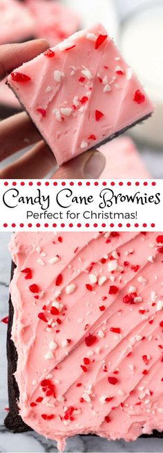 candy cane brownies with pink frosting and white sprinkles on top