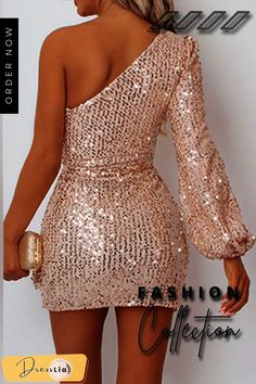 Fashion Elegant Solid Sequins with Belt Oblique Collar Evening Dress Dresses One-sleeve Evening Dress For Fall, Spring One Sleeve Bodycon Party Dress, Spring One Sleeve Bodycon Dress For Party, Spring Party Bodycon Dress With One Sleeve, One Sleeve Fall Party Dress, One-sleeve Party Dress For Fall, One-sleeve Fall Party Dress, One Sleeve Dress For Spring Night Out, One Sleeve Dress For Night Out In Spring