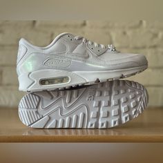 Nike Air Max 90 Se 'Dance Iridescent' White Fd8684-100 Women Size 11/Men 9.5 New Iridescent Sneakers With Round Toe For Sports, Sporty Iridescent Sneakers For Streetwear, White Air Max 90, Iridescent Sporty Sneakers For Streetwear, White Synthetic Nike Air Max For Light Sports, Sporty Iridescent Low-top Sneakers, Iridescent Low-top Sneakers For Sports, Iridescent Low-top Sporty Sneakers, Nike Air Max 90 All White