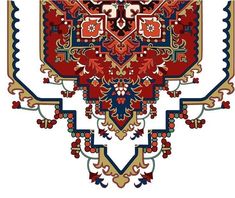 an intricately designed rug with red and blue colors