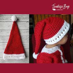 a crocheted red and white christmas hat with ears on it, next to a doll's head