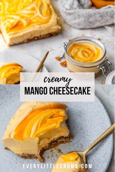 creamy mango cheesecake on a plate with a spoon