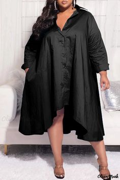 Olivia Mark - Professional Plus Size Shirt Dress with Asymmetrical Patchwork, Turndown Collar, and Buckle Detail Shirt Dress Plus Size, Plus Size Shirt Dress, Collar Shirt Dress, Elegante Y Chic, Streetwear Fall, Oversized Shirts, Oversized Shirt Dress, Collared Shirt Dress, Formal Cocktail Dress