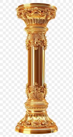 a golden pedestal with an ornate design on the top and bottom, against a white background