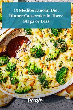 a casserole dish with broccoli and cheese in it on a table