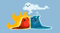 two cartoon animals sitting next to each other in front of a fire and cloud filled sky