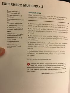 a hand holding up a paper with instructions for muffins and other things in it