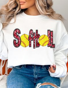 White Tops With Letter Embroidery For Sports Season, White T-shirt With Embroidered Graphics For Game Day, White Tops With Letter Embroidery For Sports Events, White Embroidered Tops For Sports Events, Softball Sweatshirt Ideas, Softball Tshirt Designs, Softball Sweatshirt, Softball Shirt, Girls Softball