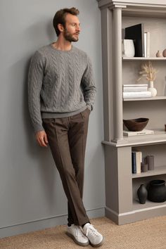 Grey cable knit sweater – Made in italy Cable Knit Sweater Outfit, Pini Parma, Grey Sweater Outfit, Sweater Outfits Men, Brown Flannel, Knit Sweater Outfit, Grey Cable Knit Sweater, Mens Casual Dress Outfits, Brown Outfit