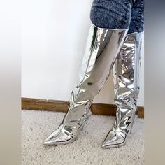 Silver Mirror Boots Knee High Length Size 5.5 - 7.5 Available 4 Inch Heel Zipper Detail *Fashion Nova Used For Exposure Silver Metallic Boots, Winter Heel Boots, Mirror Boots, White Heeled Boots, Thigh High Black Boots, Brown High Heel Boots, Snake Skin Boots, Cream Boots, Snake Print Boots